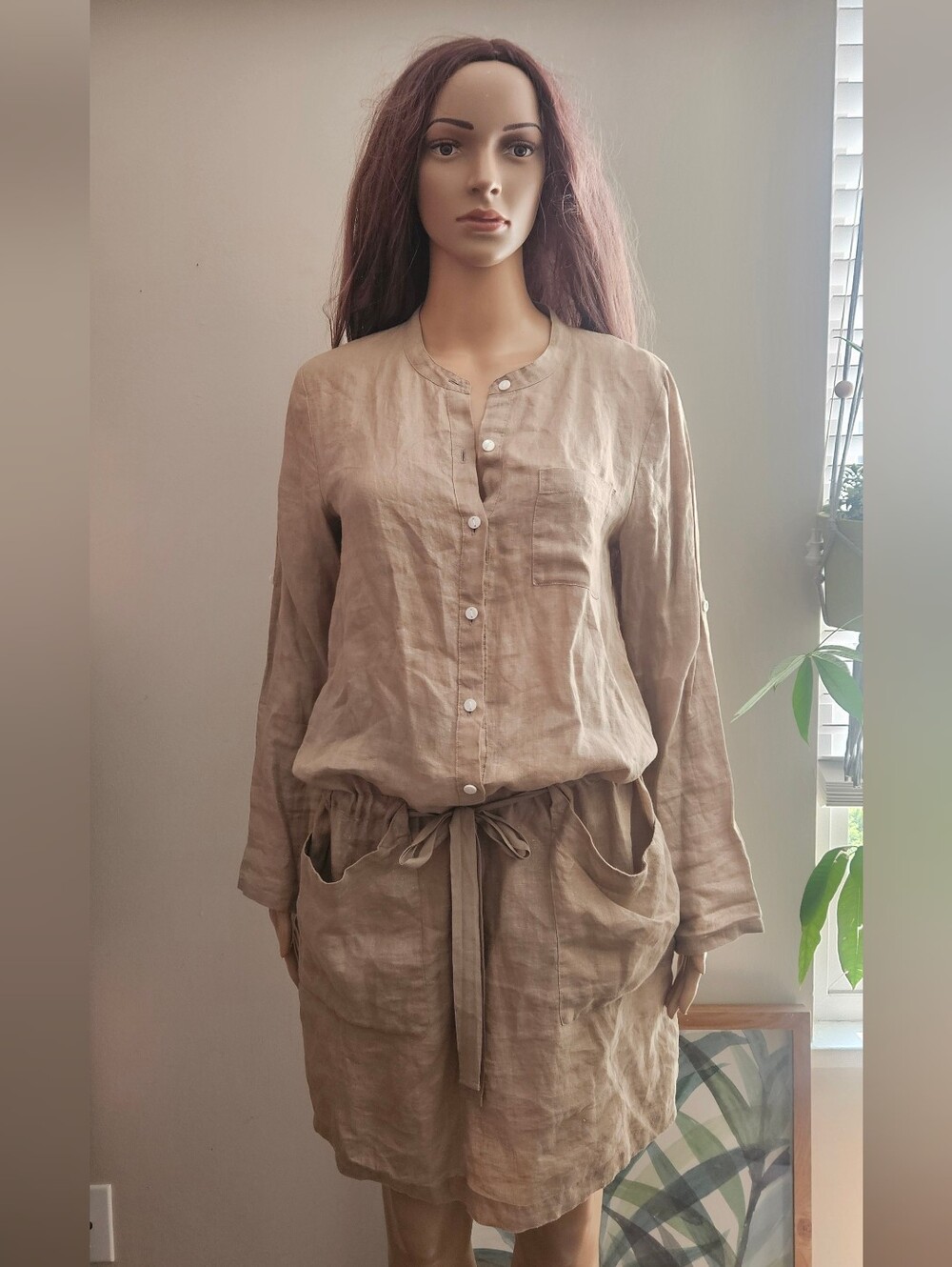 Beige Linen Button-Front Tie-Waist Dress Blouson Midi